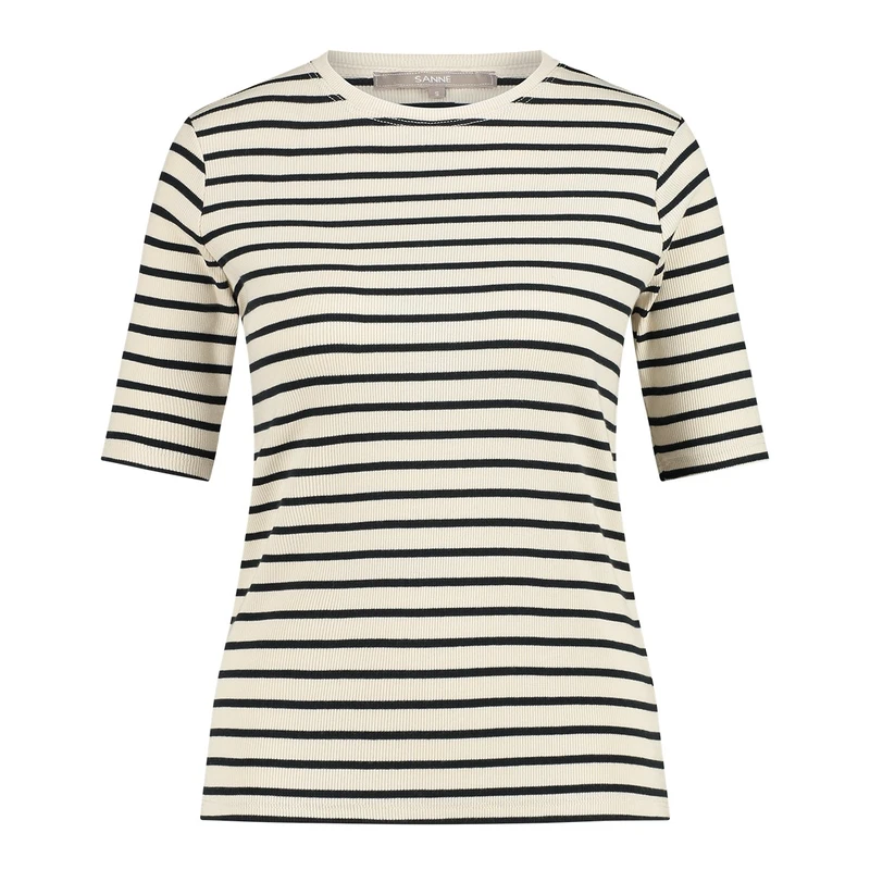Dames T-shirt 23085 rib streep km Sanne ZAND