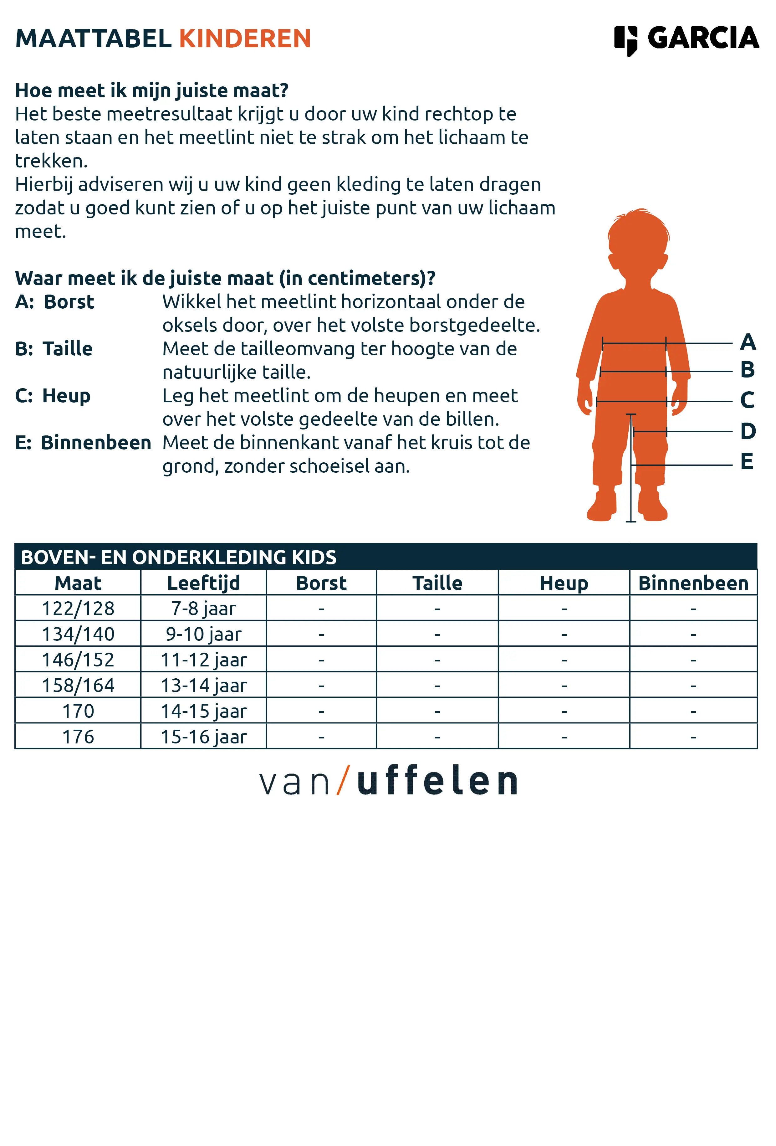 Maattabel voor de kinderkleding van het merk Garcia